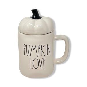 Rae Dunn PUMPKIN LOVE Mug w/Pumpkin Topper White Halloween Ceramic 16 oz NWT